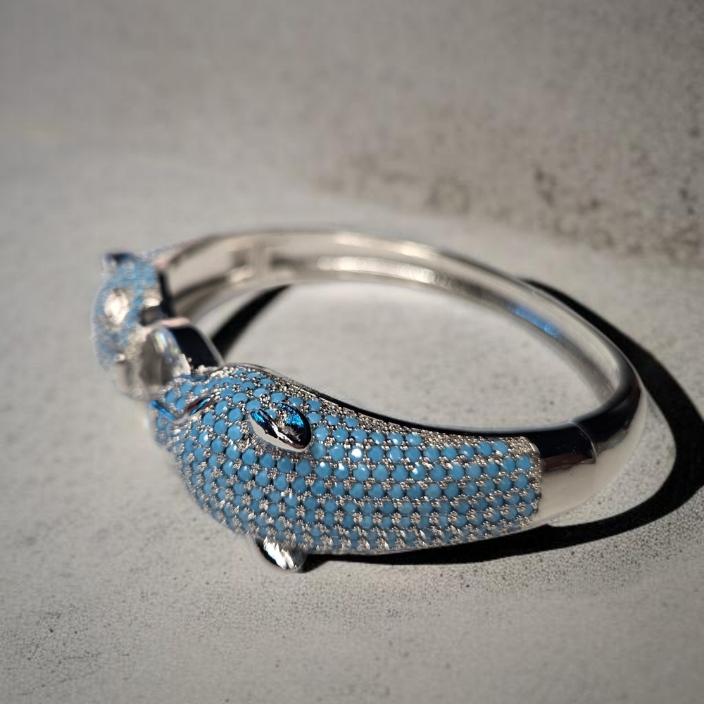 Luxury Silver Plated Chunky Duo Panther Head Doorknocker Crystal Bracelet - Picture 5 of 8